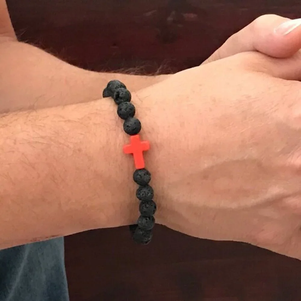 Orange Cross Black Lava Stone Beaded Bracelet 8mm beads - Size 8 inches